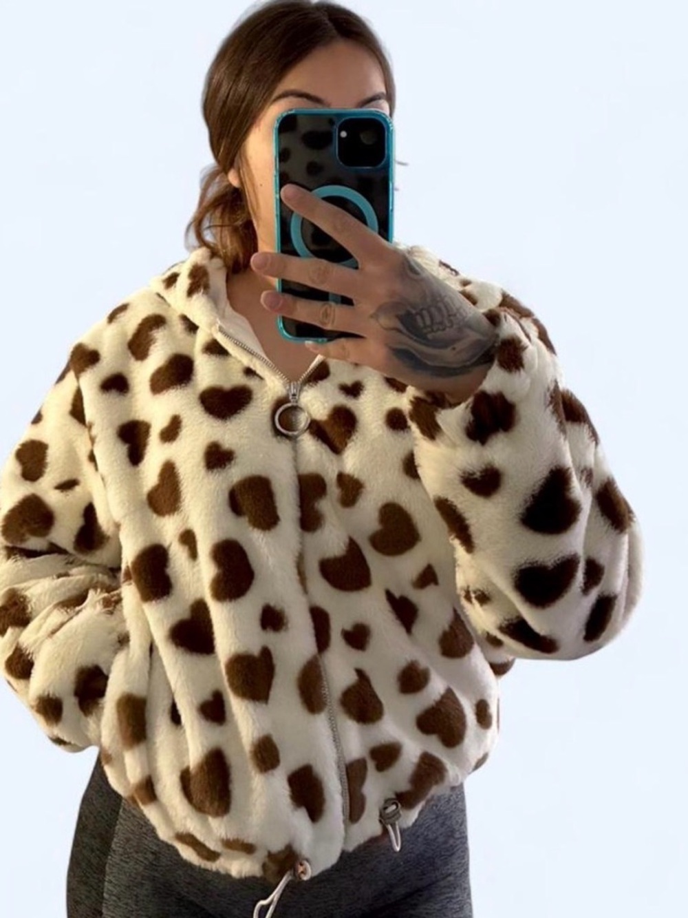 Faux Fur Heart Print Zip-Up Hoodie Jacket - Cream/Brown